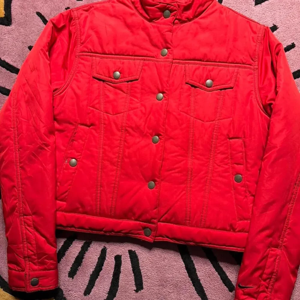 Vintage Y2K Nike Quilted Fleece Lined Embroidered Trucker Jacket Medium Women's
